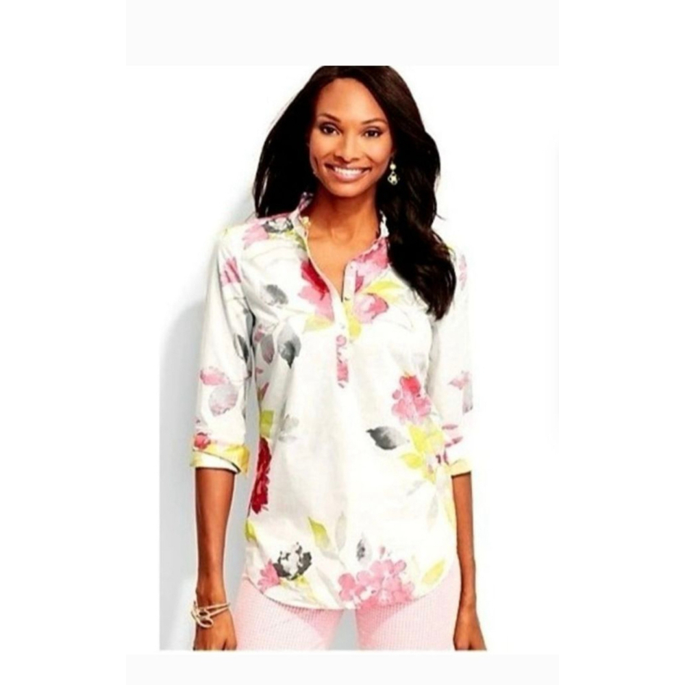 Talbots coral yellow popover Floral Blouse L 100% cotton